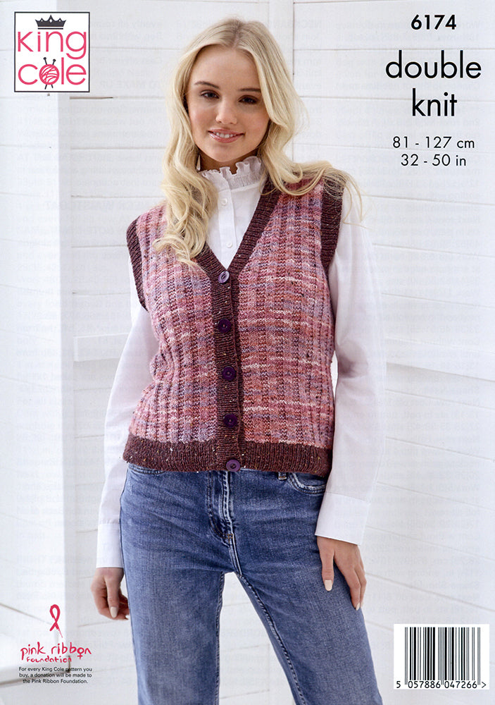 King Cole Homespun Prism DK & Homespun DK - Ladies Round & V-Neck Waistcoats (6174)